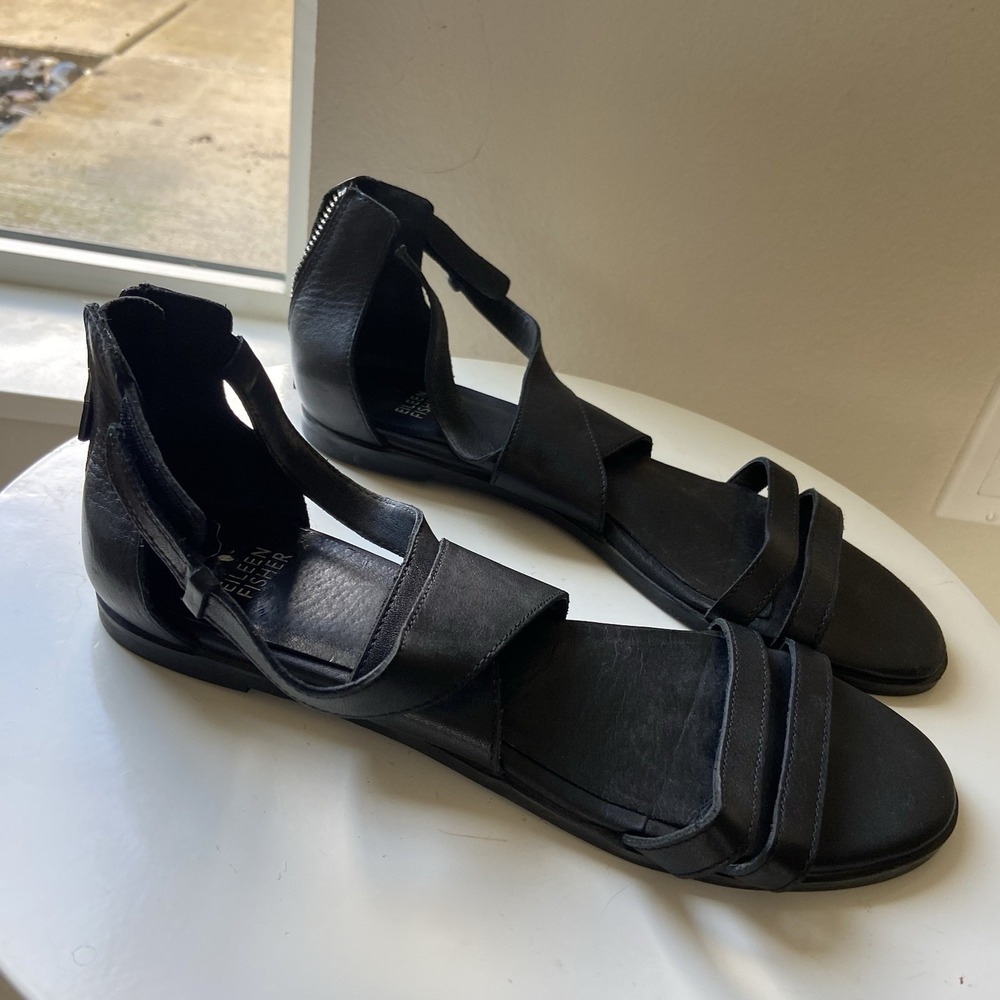 Eileen Fisher Cici Black Leather Back Zip Open Toe Sandals Shoes Womens size 9.5